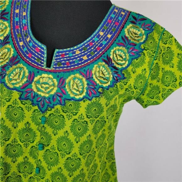 Green Boho Embroidered Tunic Dress Women XL Short Sleeve Split Neck - Picture 5 of 8